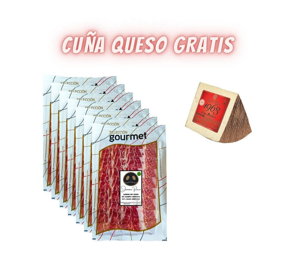 Jamón Cebo de Campo Ibérico 50% Rivera 1 kg Loncheado + Cuña Queso